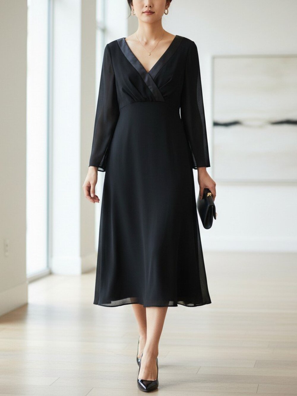 Donna Ricco Black Shift Dress Size 6 V Neck Women's Zip Sheer Sleeve Evening
